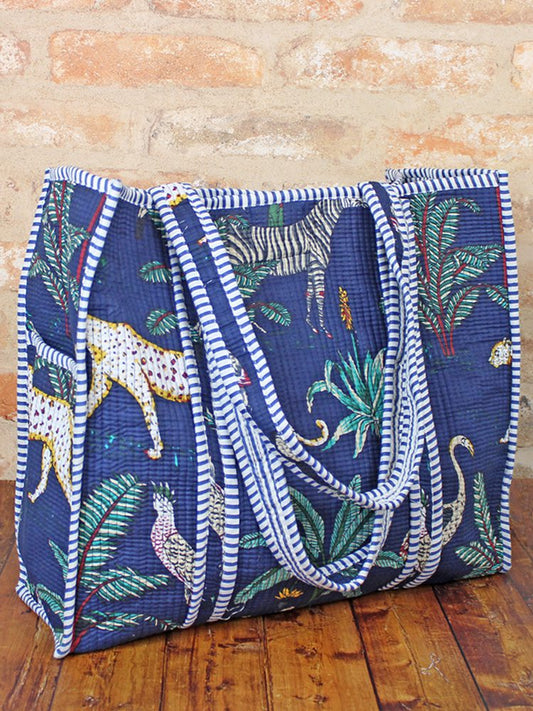 Quilted Cotton Jungle Print Tote Bag - Navy