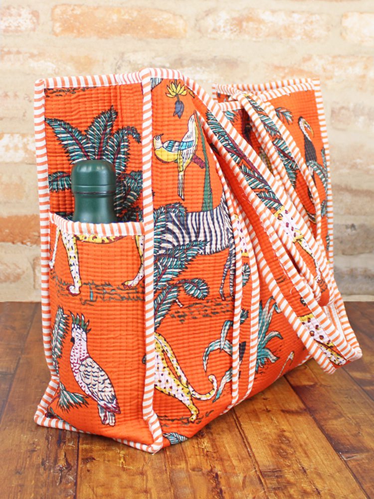 Quilted Cotton Jungle Print Tote Bag - Orange