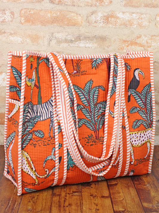 Quilted Cotton Jungle Print Tote Bag - Orange