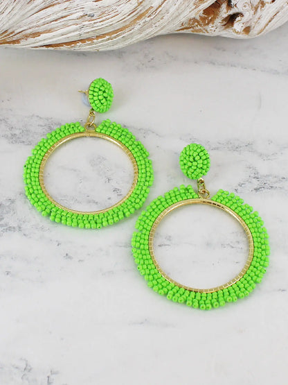 Beaded Hoop Earrings Bright Green