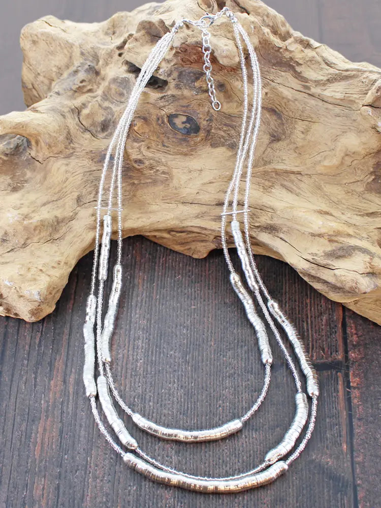 Triple-Strand Snake & Bead Necklace Silver