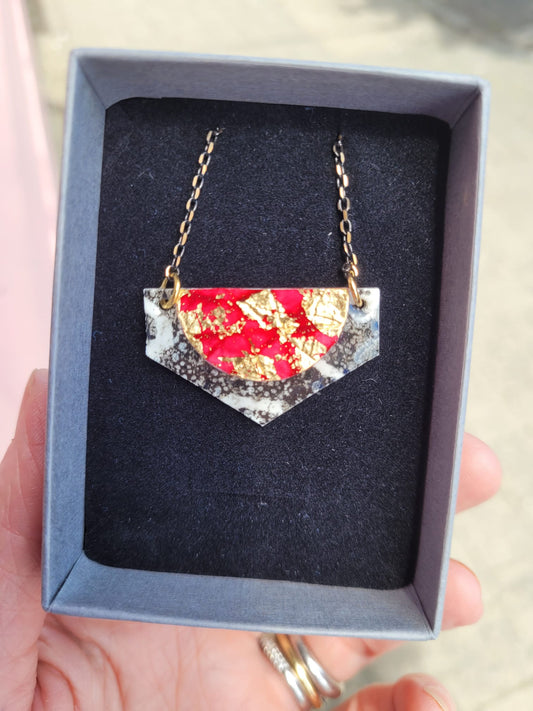 Lorette batik textile necklace in charcoal/gold/red