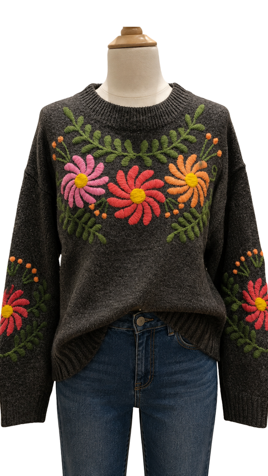Liz Sweater with Embroidered Flowers
