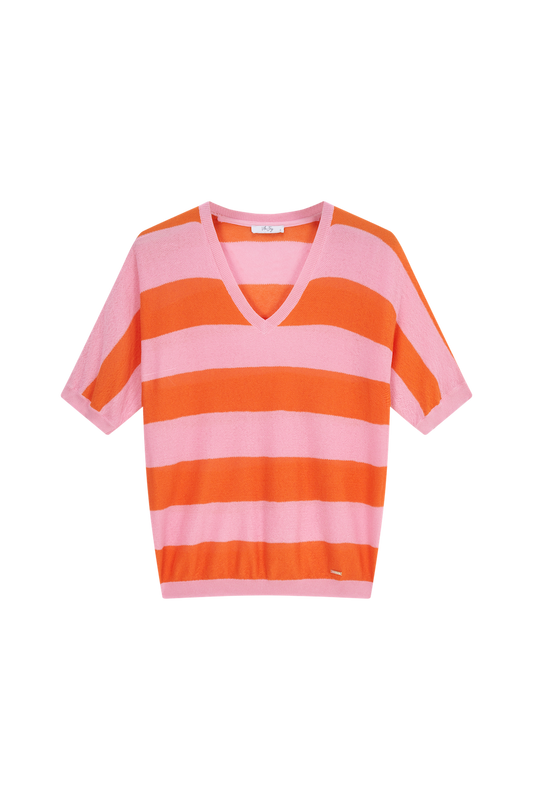 Gerta-L-11-K Pink and Orange Bold Stripe Knitted Top