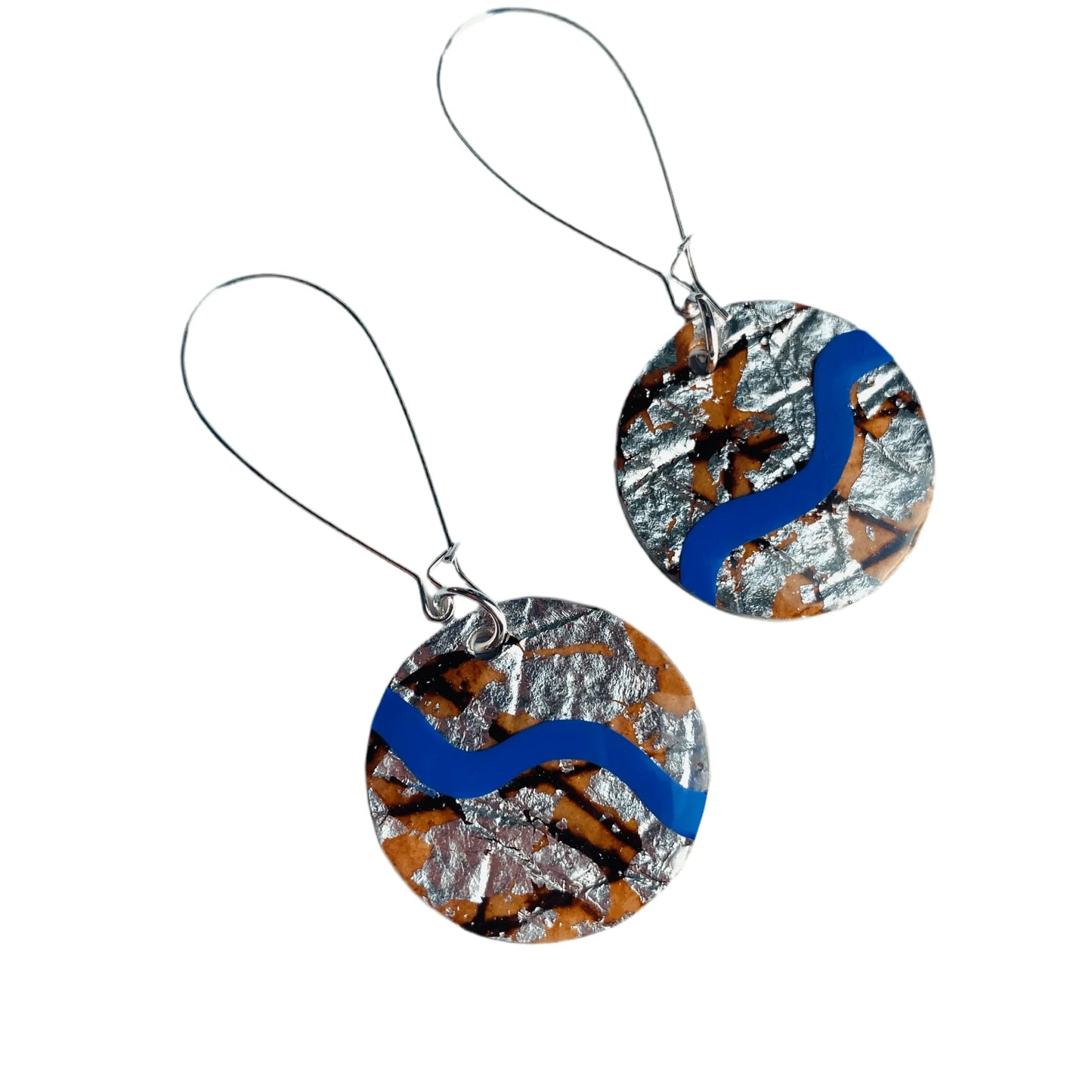Ripple sgraffito earrings in rust/silver/cornflower
