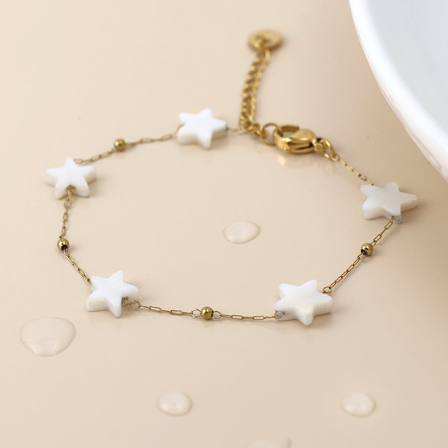 Gold Plated Stainless Steel White Star Station Chain Bracelet