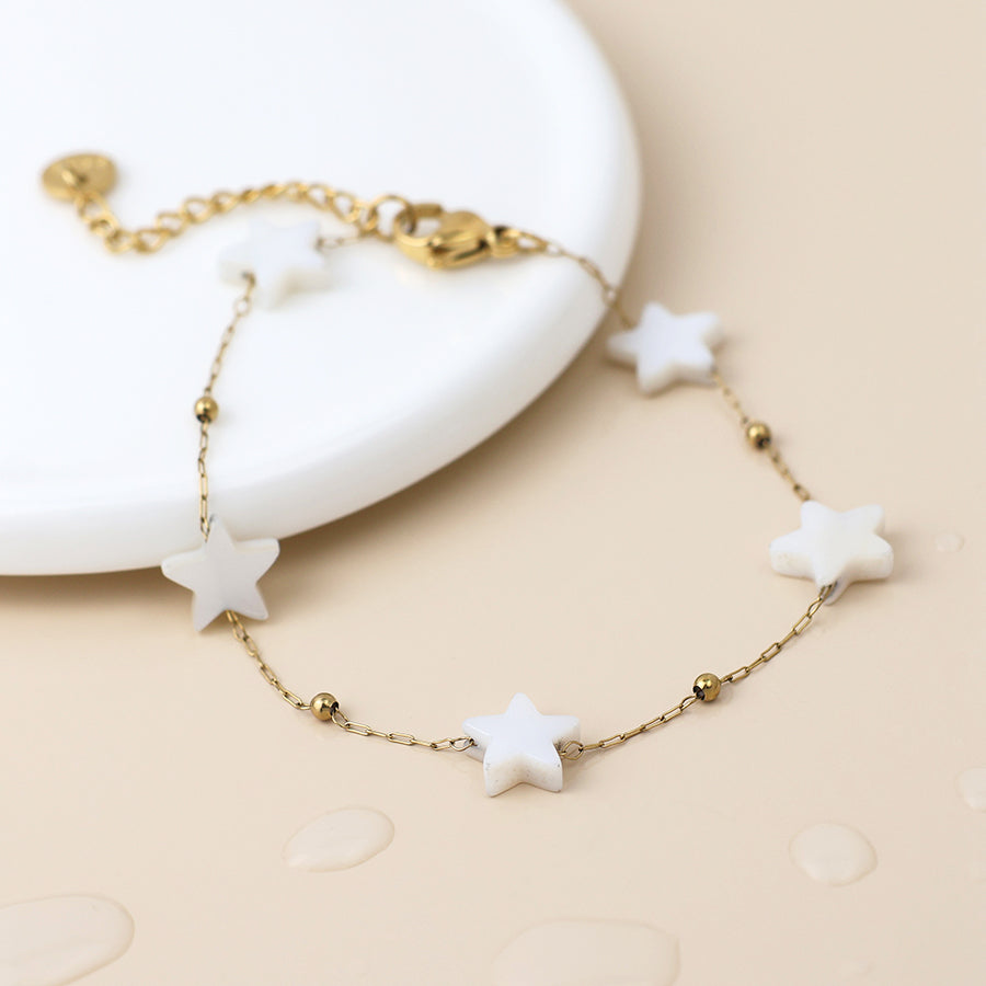 Gold Plated Stainless Steel White Star Station Chain Bracelet