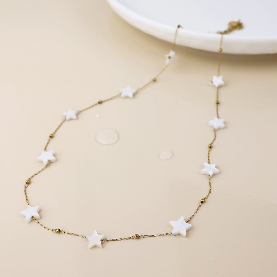 Gold Plated Stainless Steel White Star Station Chain Necklace