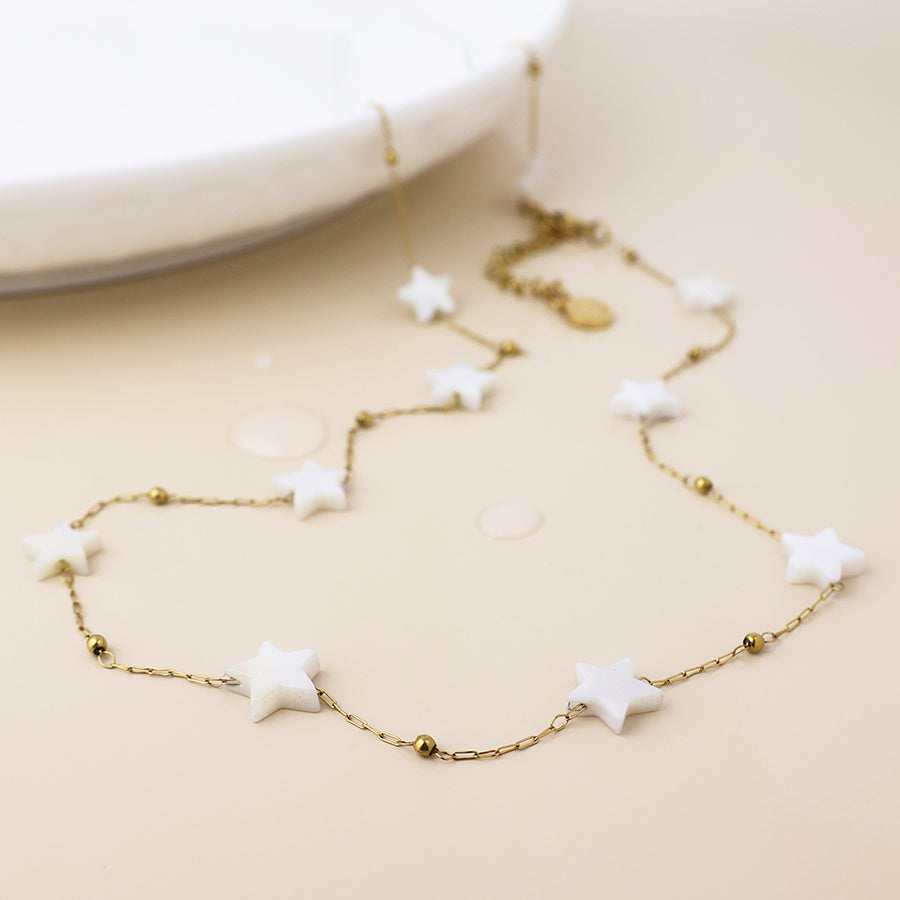 Gold Plated Stainless Steel White Star Station Chain Necklace