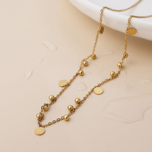 Gold Plated Stainless Steel Bobble Beads and Disc Charm Necklace