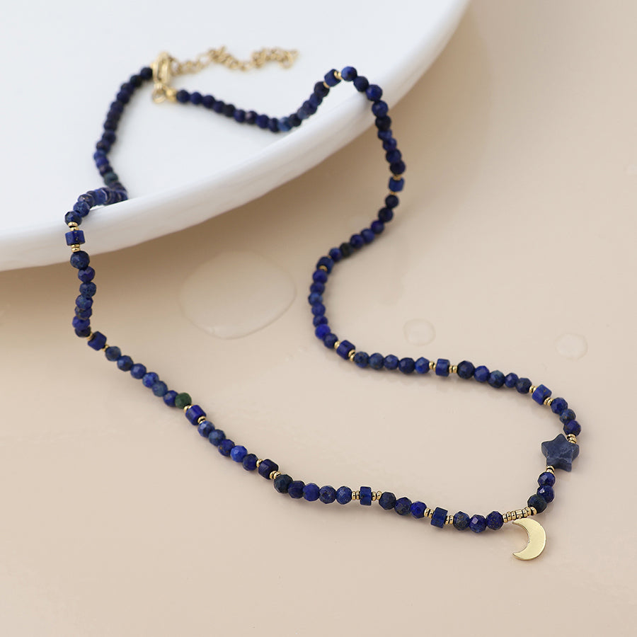 Gold Plated Stainless Steel Faceted Lapis Bead Moon Necklace