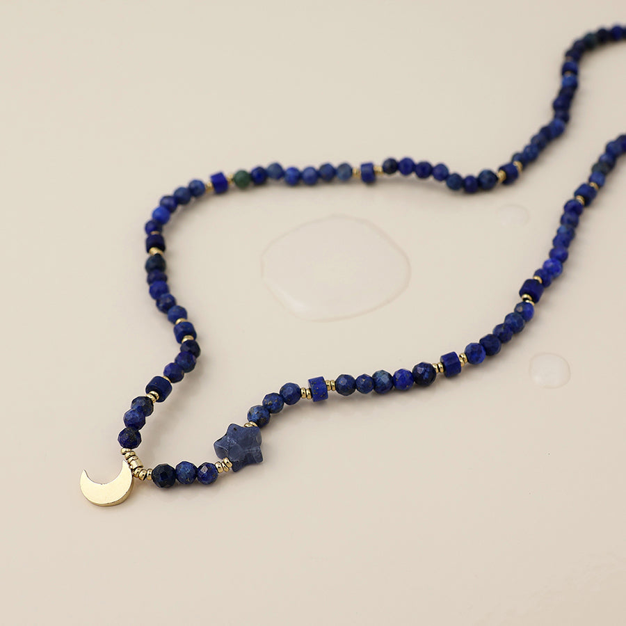 Gold Plated Stainless Steel Faceted Lapis Bead Moon Necklace