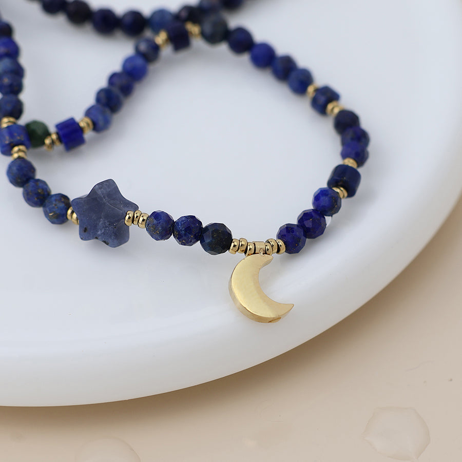 Gold Plated Stainless Steel Faceted Lapis Bead Moon Necklace