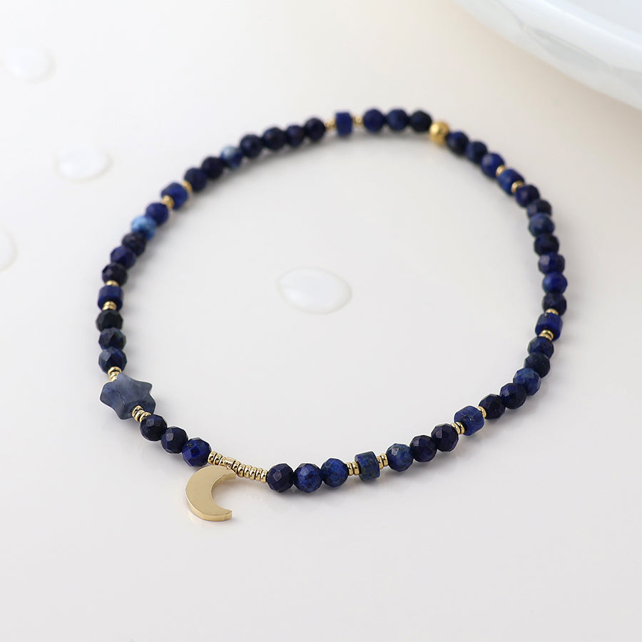 Gold Plated Stainless Steel Faceted Lapis Bead Moon Bracelet