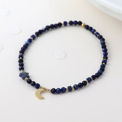 Gold Plated Stainless Steel Faceted Lapis Bead Moon Bracelet