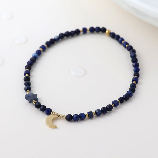 Gold Plated Stainless Steel Faceted Lapis Bead Moon Bracelet