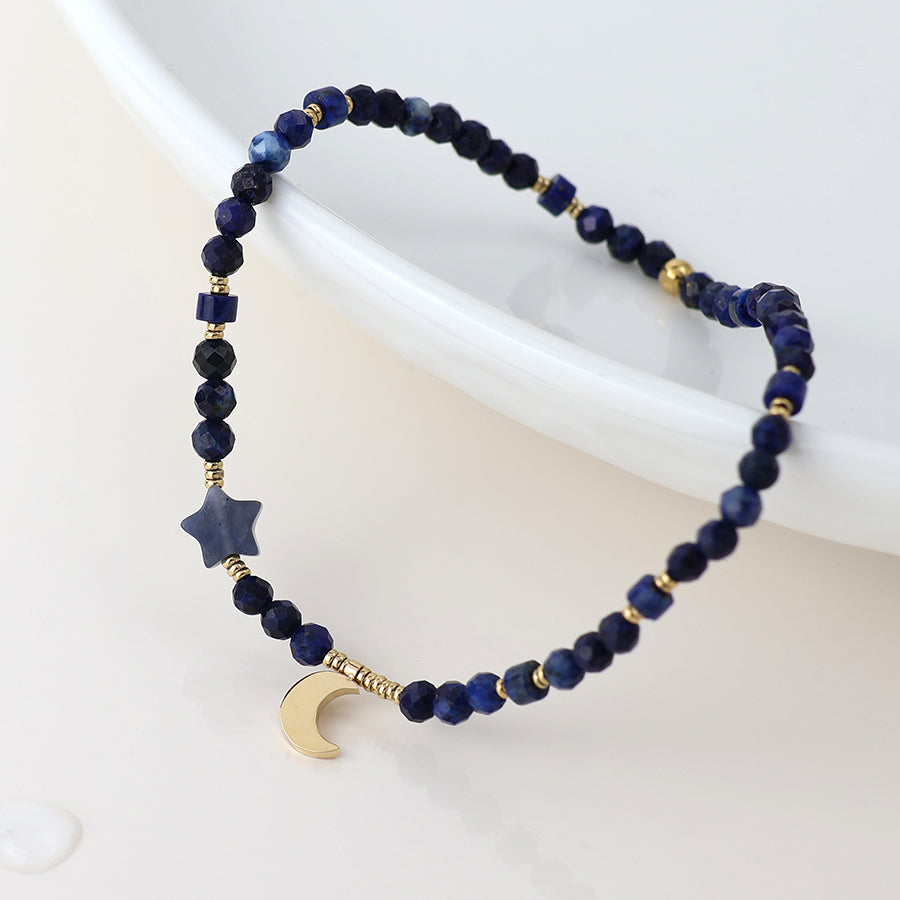 Gold Plated Stainless Steel Faceted Lapis Bead Moon Bracelet