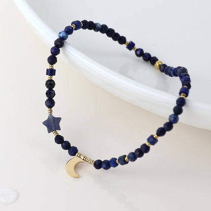 Gold Plated Stainless Steel Faceted Lapis Bead Moon Bracelet
