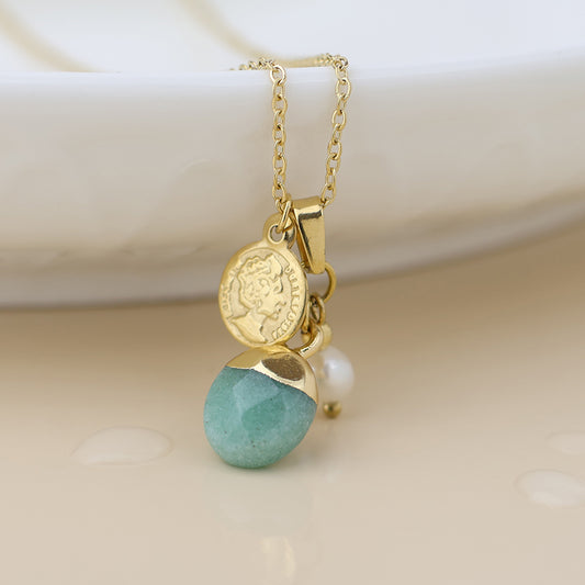 Gold Plated Stainless Steel Aqua and FWP Cluster Pendant Necklace