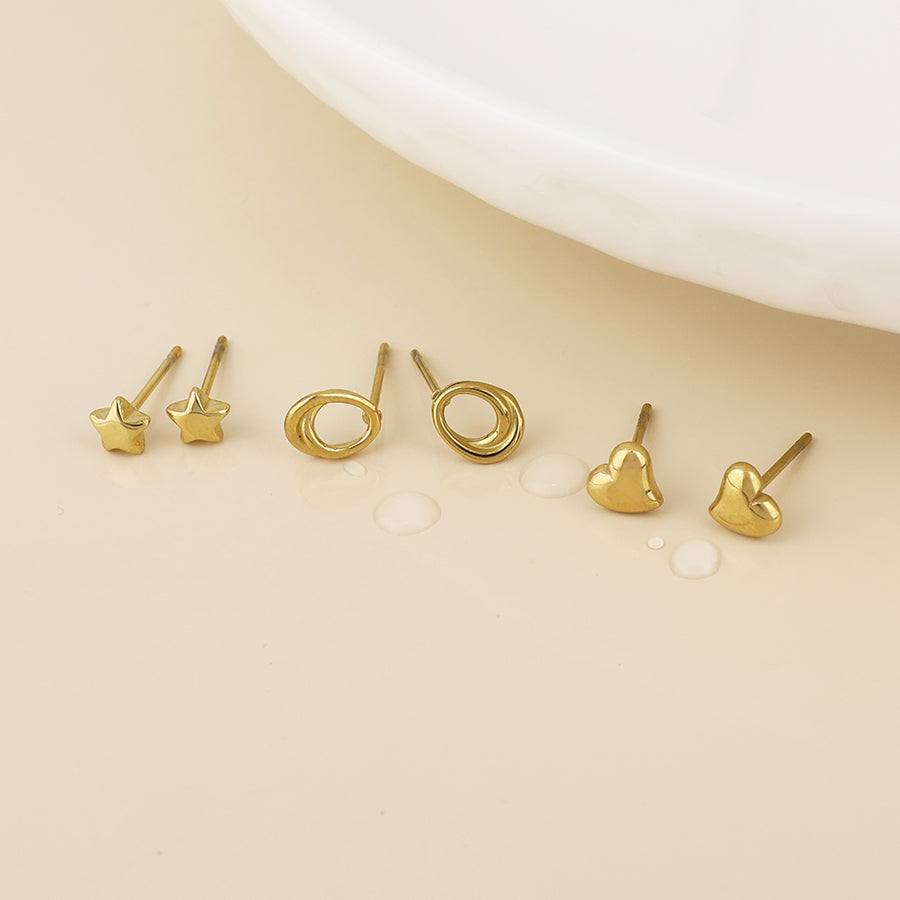 Icons Stainless Steel Gold Plated Star, Heart, Swirl Stud Earrings Set