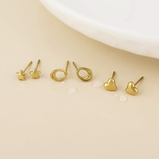 Icons Stainless Steel Gold Plated Star, Heart, Swirl Stud Earrings Set