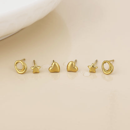Icons Stainless Steel Gold Plated Star, Heart, Swirl Stud Earrings Set