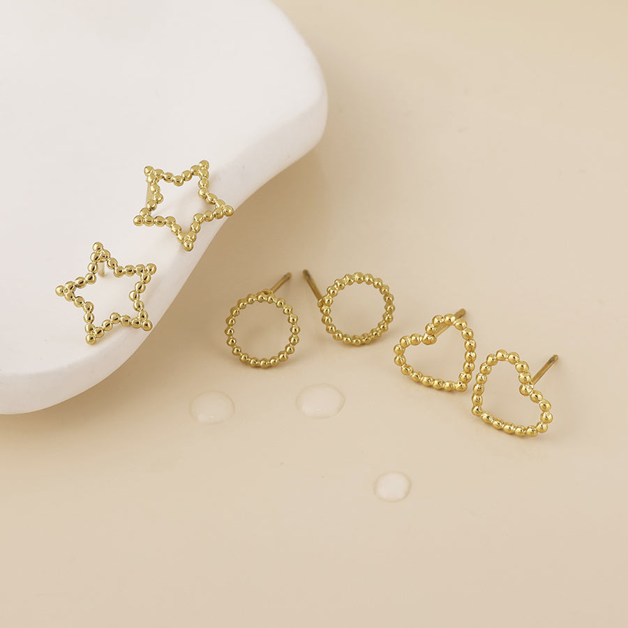 Nova Stainless Steel Gold Plated Beaded Outline Shapes Stud Earrings Set