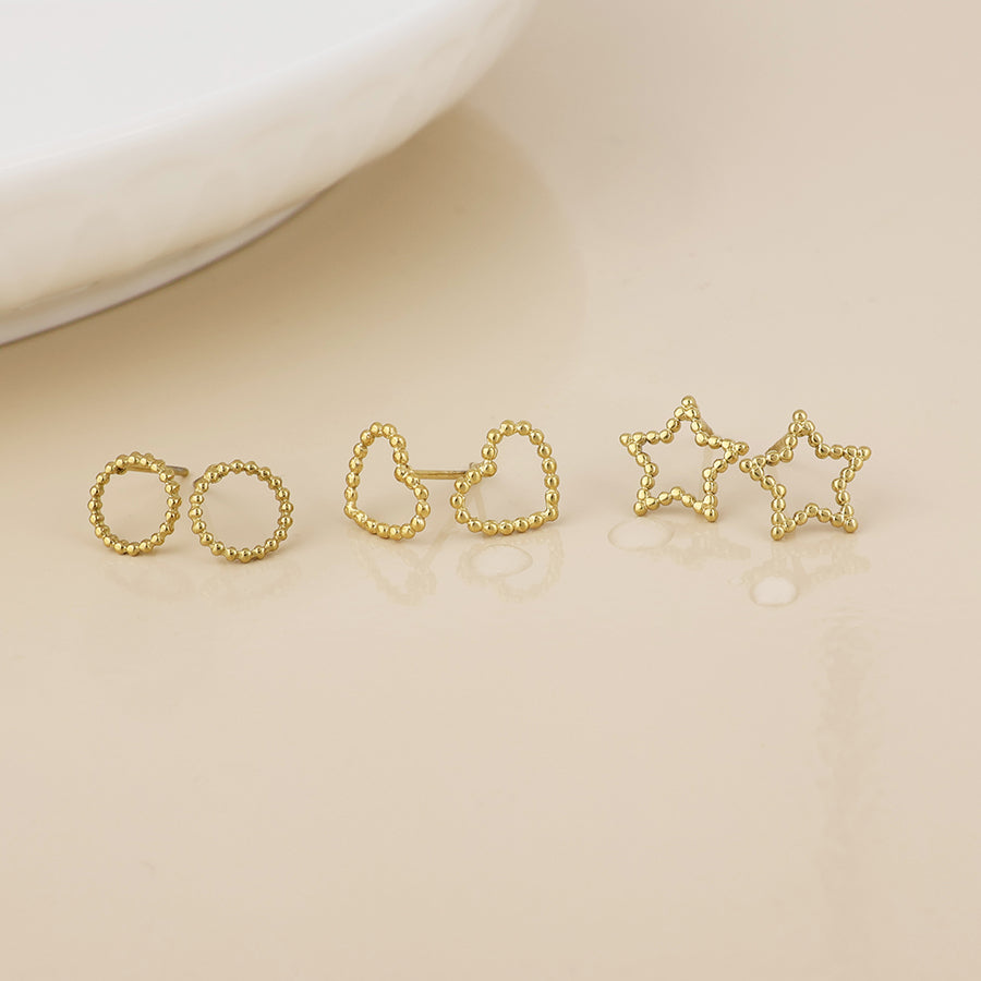 Nova Stainless Steel Gold Plated Beaded Outline Shapes Stud Earrings Set