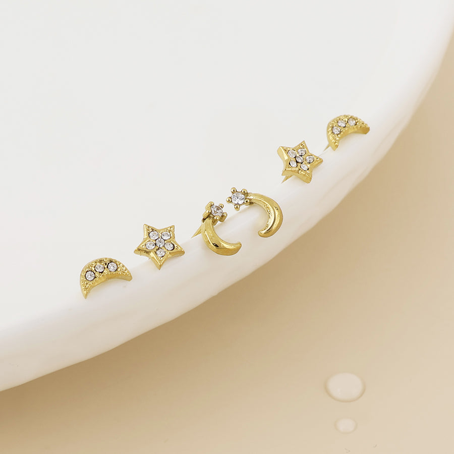 Luxi Stainless Steel Gold Plated Celestial Crystal Stud Earrings Set