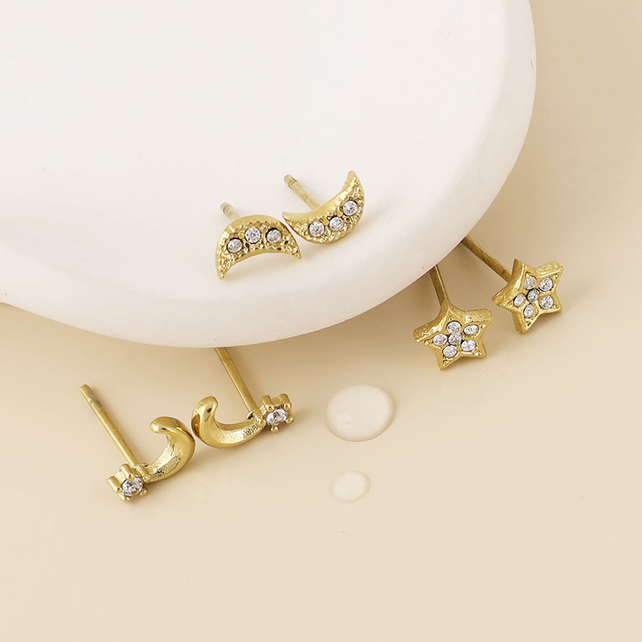 Luxi Stainless Steel Gold Plated Celestial Crystal Stud Earrings Set
