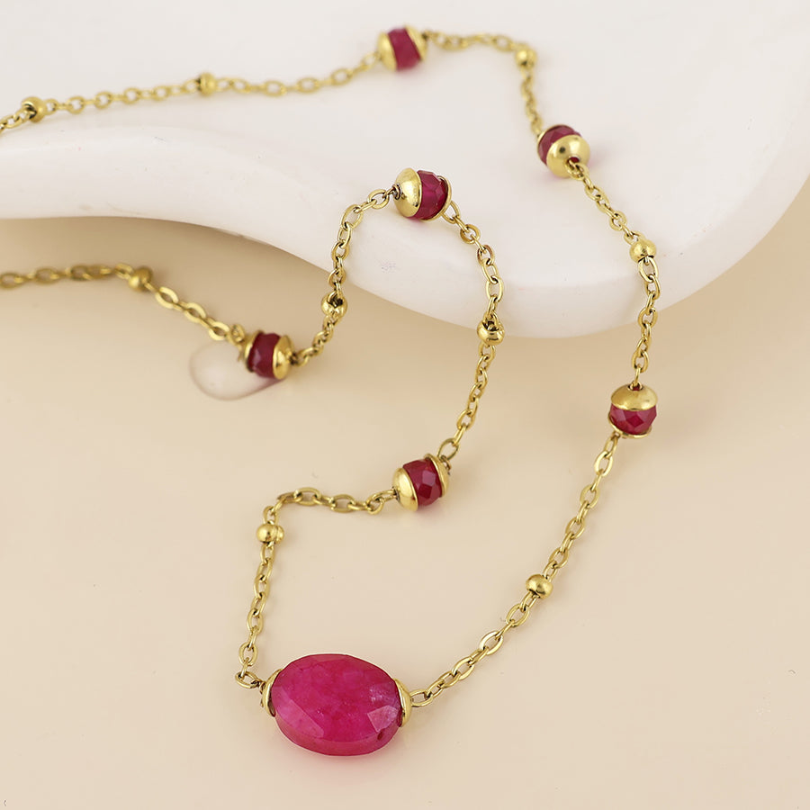 Poppy Stainless Steel Gold Plated Pink Beads Station Necklace