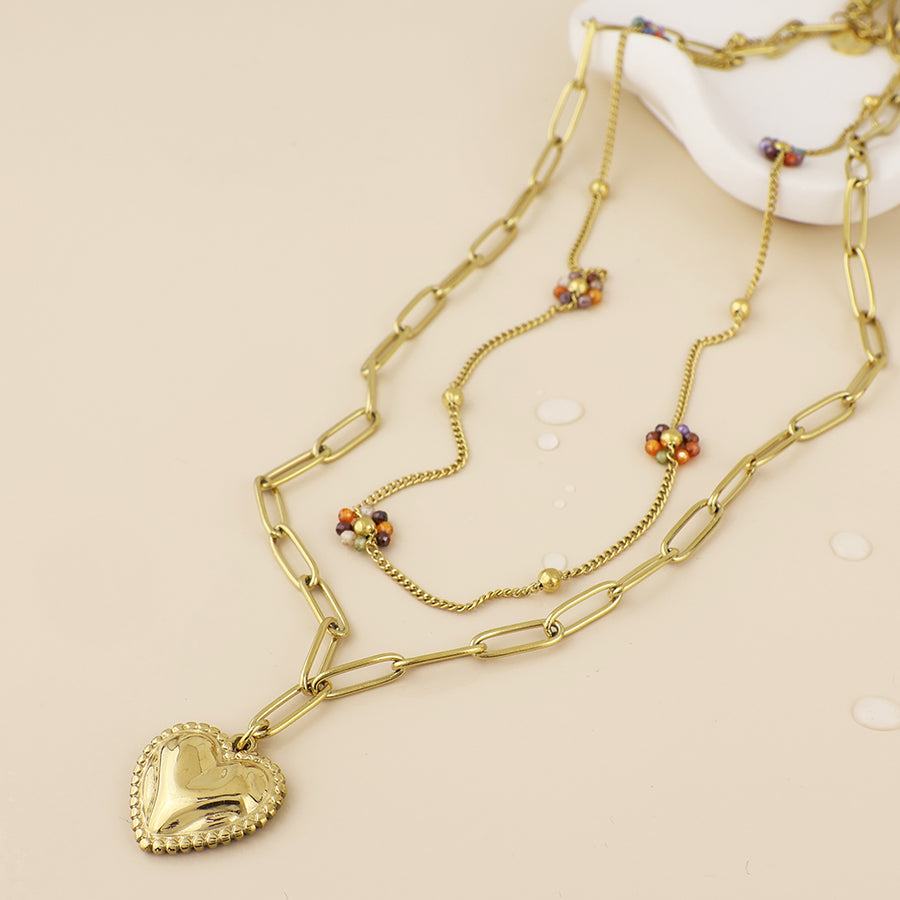 Roma Stainless Steel Gold Plated Layered Heart and Bead Flower Necklace