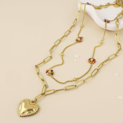 Roma Stainless Steel Gold Plated Layered Heart and Bead Flower Necklace