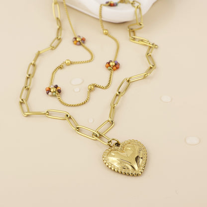 Roma Stainless Steel Gold Plated Layered Heart and Bead Flower Necklace