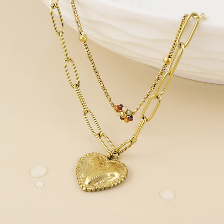 Roma Stainless Steel Gold Plated Layered Heart and Bead Flower Necklace
