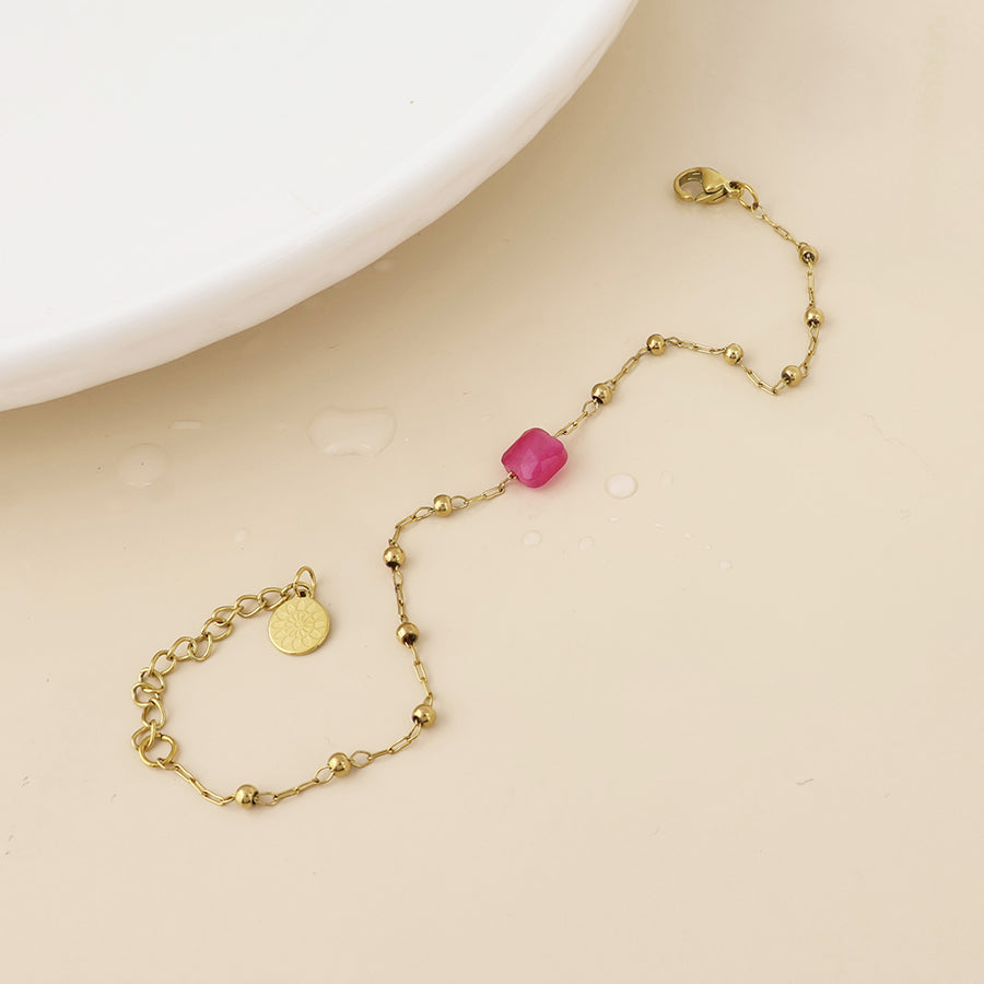 Dotty Stainless Steel Gold Plated Bead Station and Pink Stone Bracelet