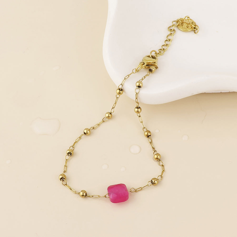 Dotty Stainless Steel Gold Plated Bead Station and Pink Stone Bracelet