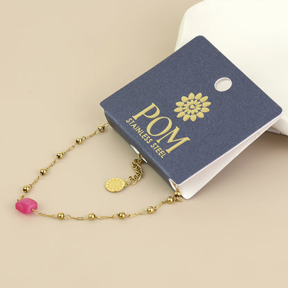 Dotty Stainless Steel Gold Plated Bead Station and Pink Stone Bracelet