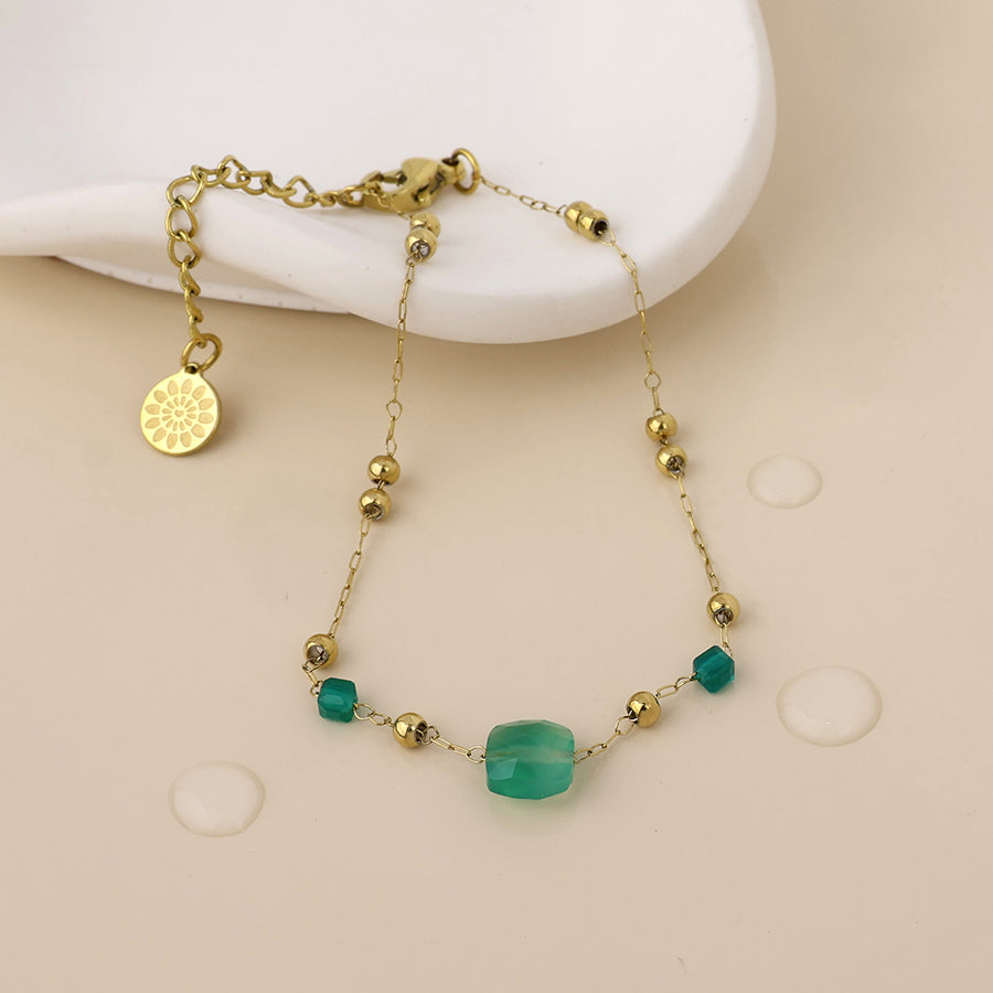 Ivy Stainless Steel Gold Plated Bead Station and Green Stone Bracelet