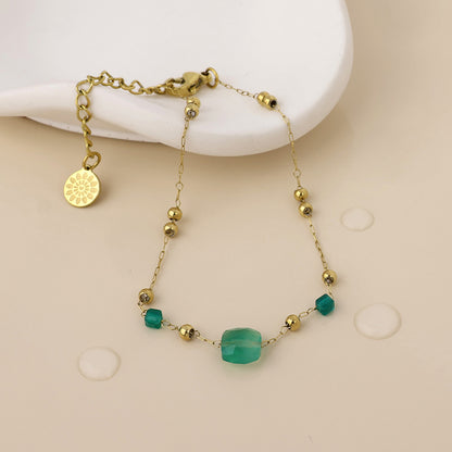 Ivy Stainless Steel Gold Plated Bead Station and Green Stone Bracelet