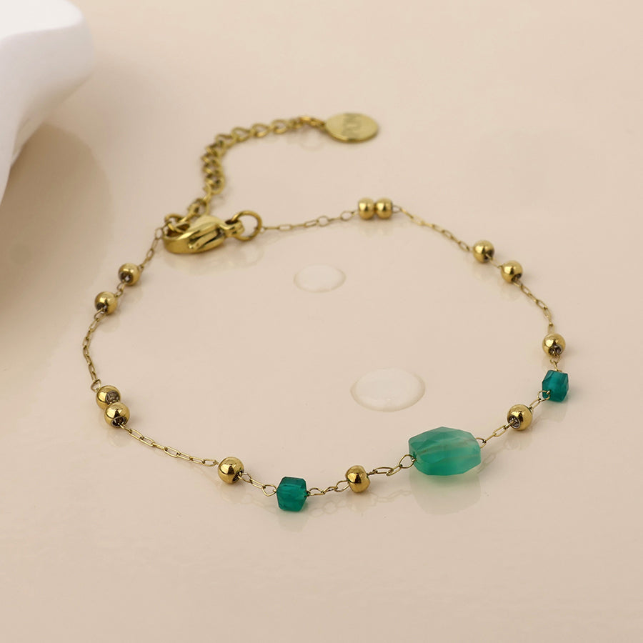 Ivy Stainless Steel Gold Plated Bead Station and Green Stone Bracelet