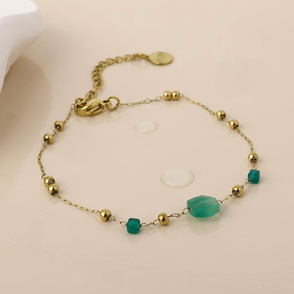 Ivy Stainless Steel Gold Plated Bead Station and Green Stone Bracelet