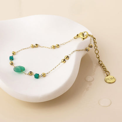 Ivy Stainless Steel Gold Plated Bead Station and Green Stone Bracelet
