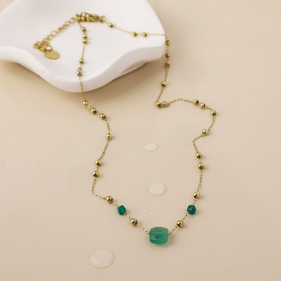 Ivy Stainless Steel Gold Plated Bead Station and Green Stone Necklace