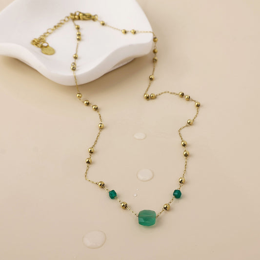 Ivy Stainless Steel Gold Plated Bead Station and Green Stone Necklace