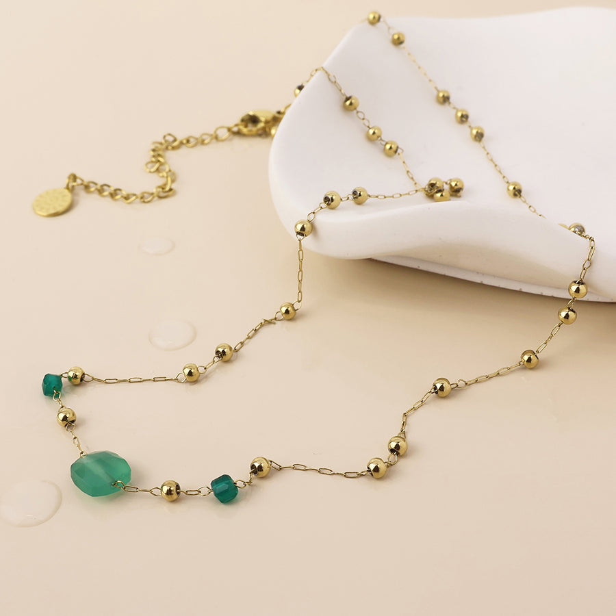 Ivy Stainless Steel Gold Plated Bead Station and Green Stone Necklace
