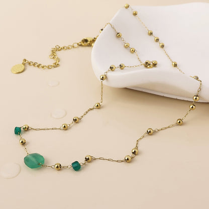Ivy Stainless Steel Gold Plated Bead Station and Green Stone Necklace