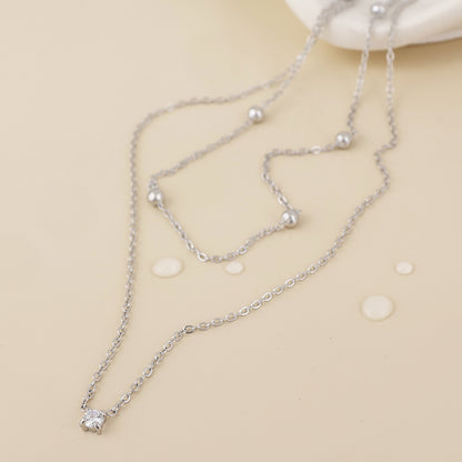 Zenith Stainless Steel Platinum Plated Layered Station and Crystal Necklace