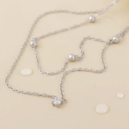 Zenith Stainless Steel Platinum Plated Layered Station and Crystal Necklace