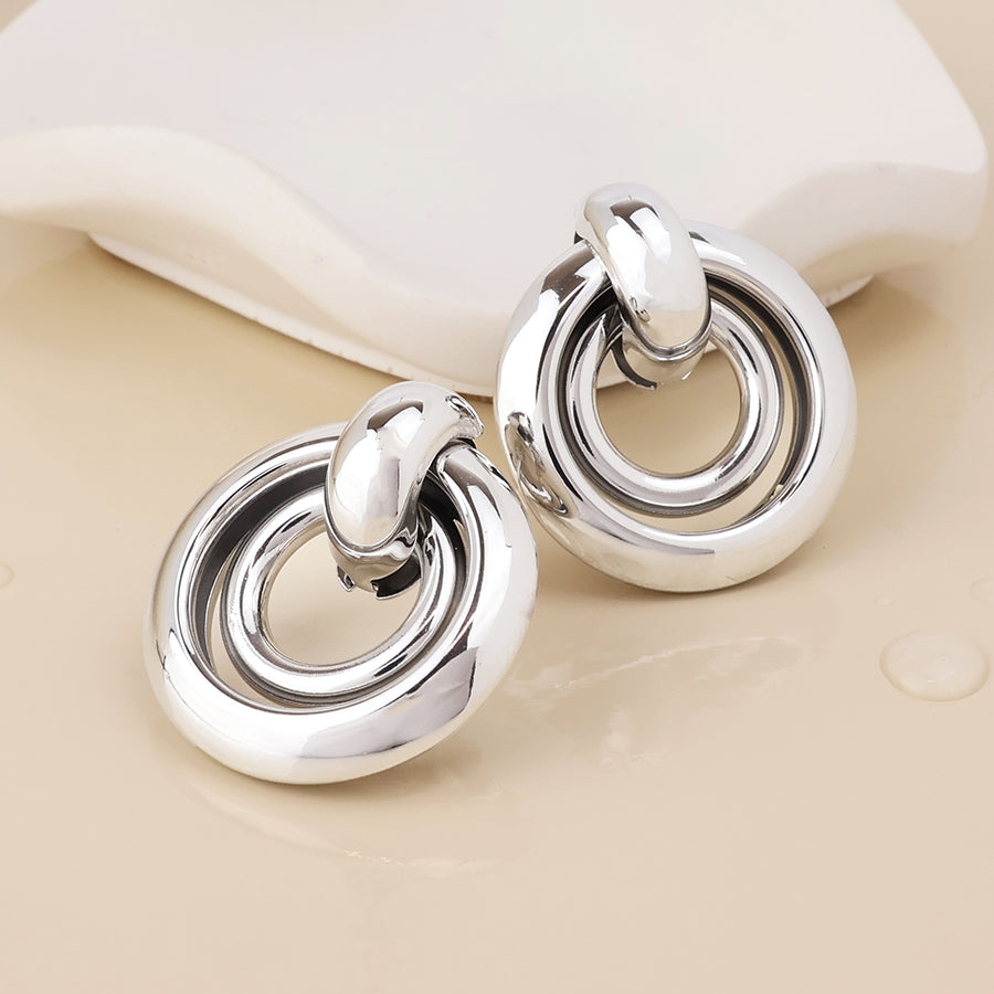 Venus Stainless Steel Platinum Plated Linked Double Ring Earrings